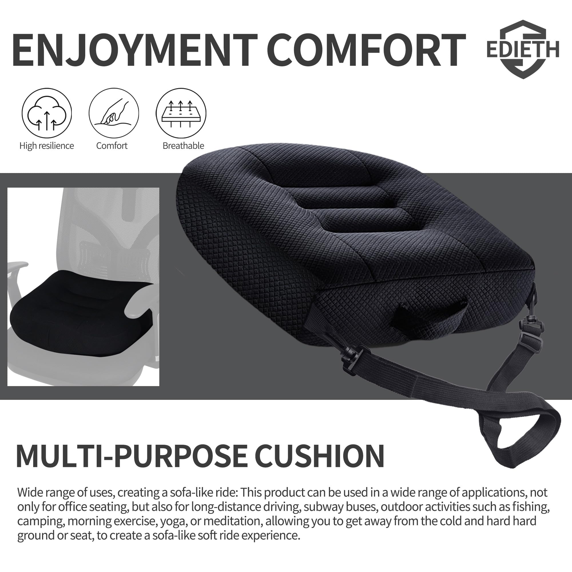 EDIETH booster cushion with adjustable height supports driving and desk work.