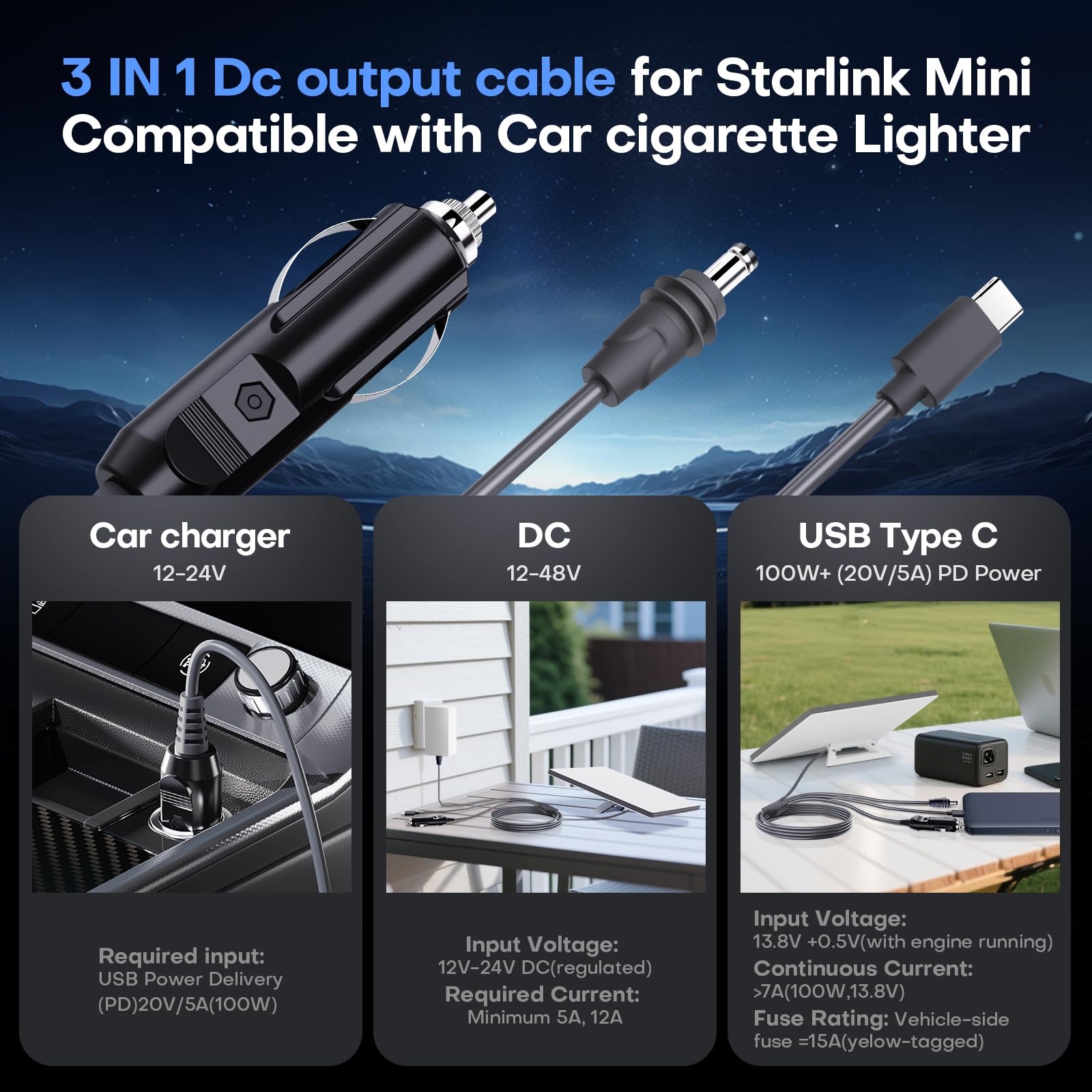 Edihia Starlink Mini 3-in-1 cable suited for camping and RV power needs.