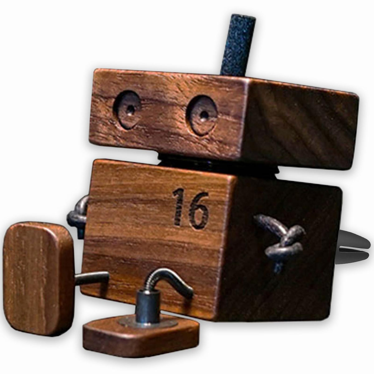 Edilado shaking wooden man diffuser shown front view, adding a playful scent to your car.