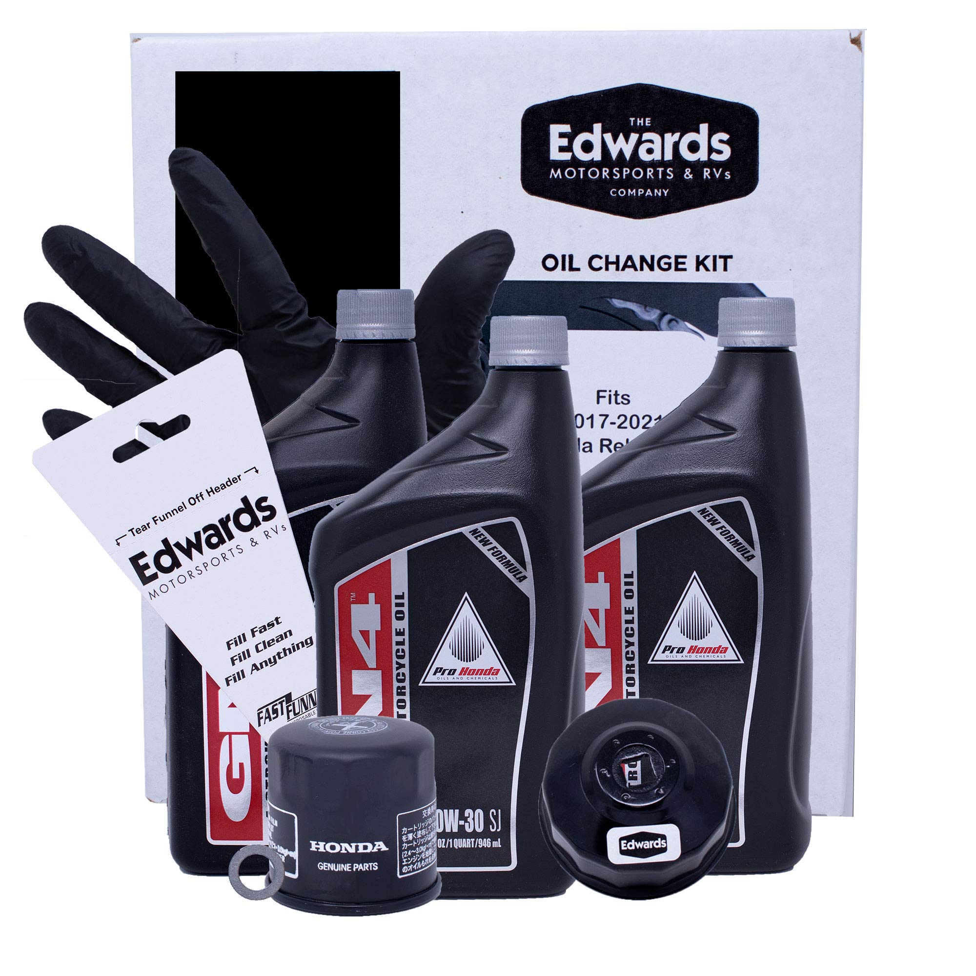Edwards oil change kit for Honda Rebel 500 with oil, filter, and funnel for easy maintenance