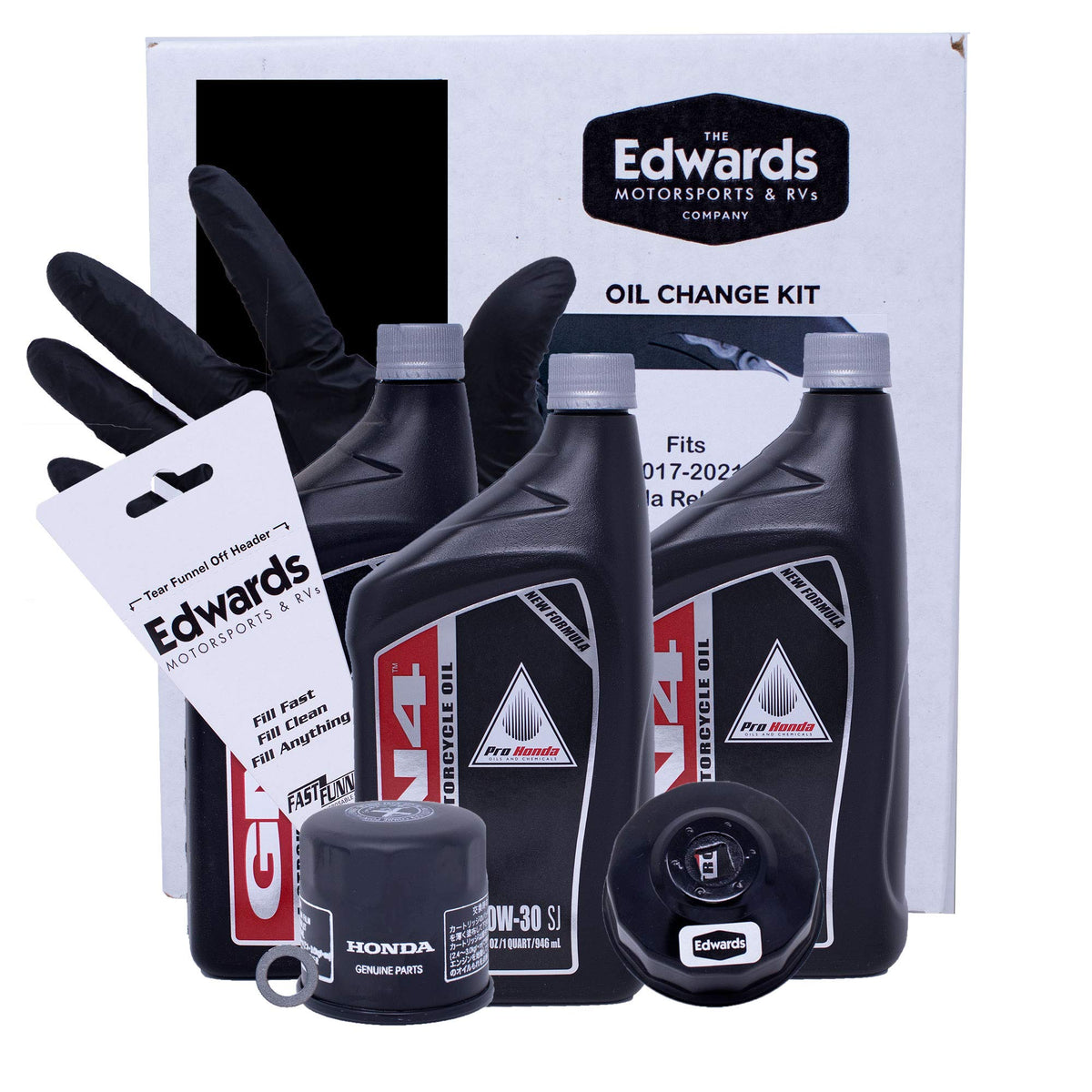 Edwards oil change kit for Honda Rebel 500 with oil, filter, and funnel for easy maintenance