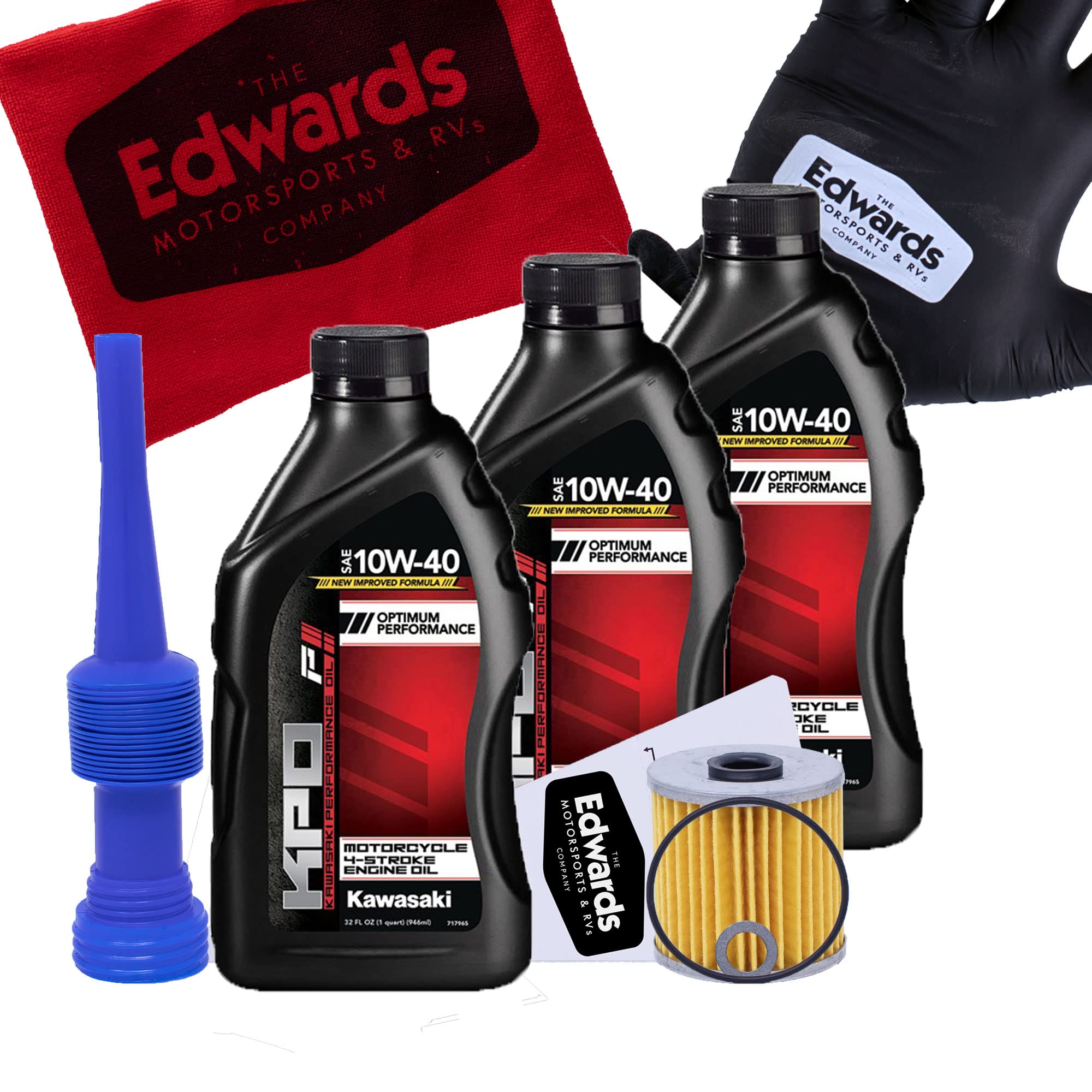 Edwards Oil Change Kit contents arranged for quick at-home maintenance on a KLR650