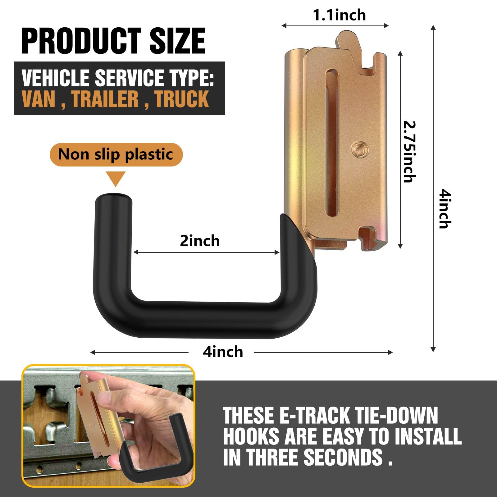 Eegoowa dip-molded E-track hook highlighting rust resistance