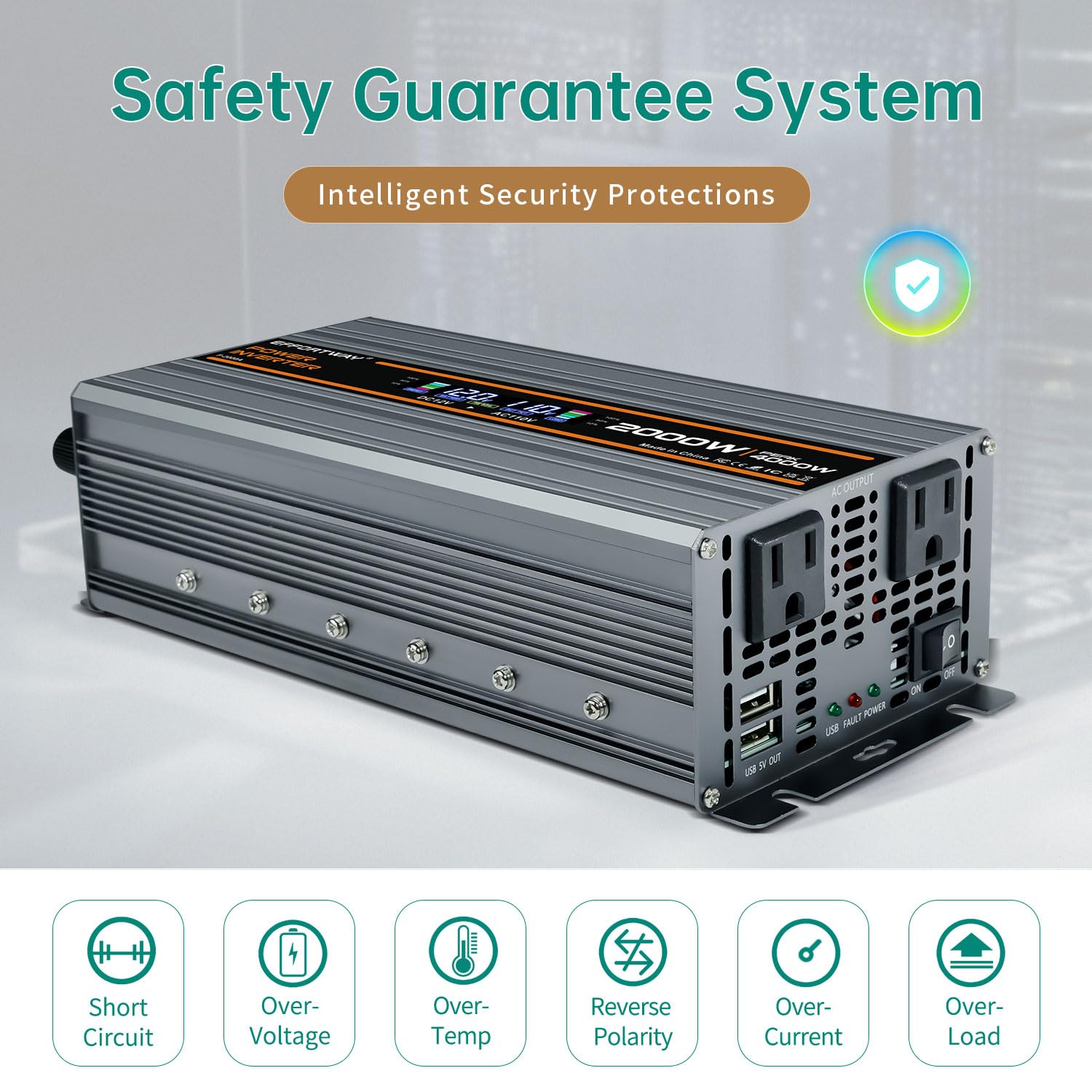 EFFORTWAY 2000W inverter aluminum housing protects against drops and heat.