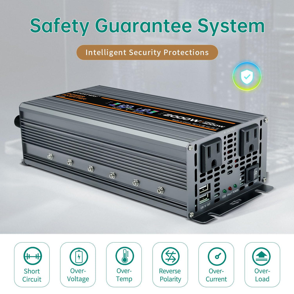 EFFORTWAY 2000W inverter aluminum housing protects against drops and heat.