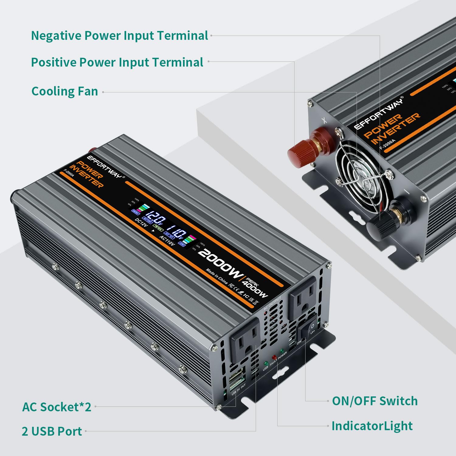 EFFORTWAY 2000W inverter in a camping setup powering essential devices.