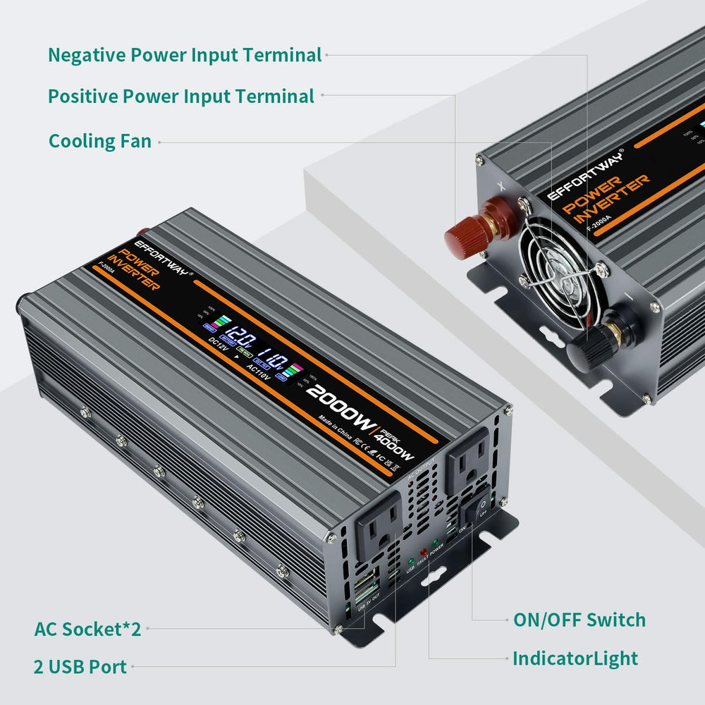 EFFORTWAY 2000W inverter in a camping setup powering essential devices.