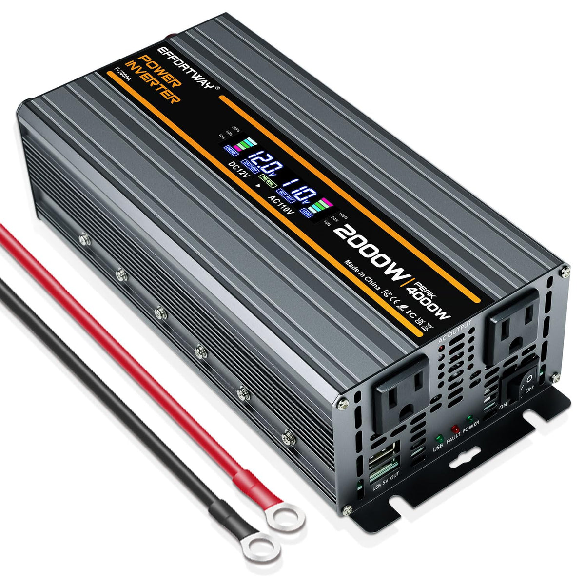 EFFORTWAY 2000W inverter front view, compact design for portable off-grid power.
