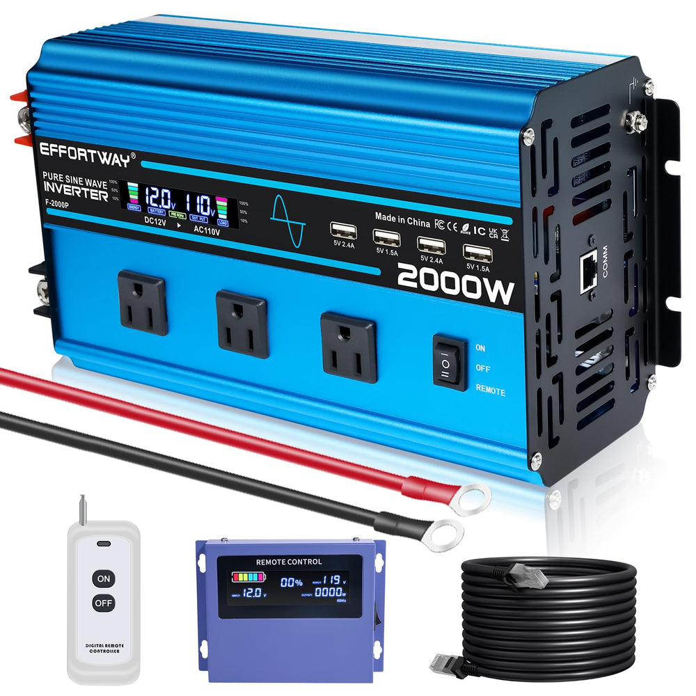 EFFORTWAY 2000W inverter with pure sine and LCD display for outdoor use.