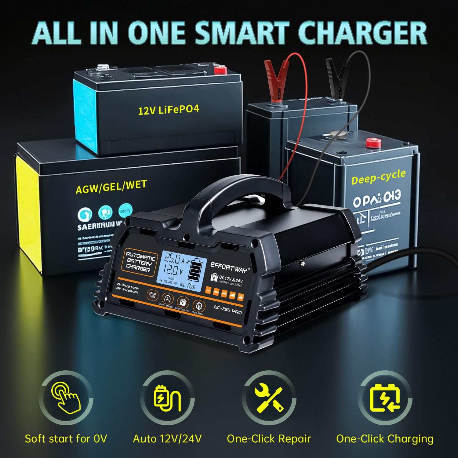 EffortWay 25A charger handles 12V LiFePO4 safely for maintenance.