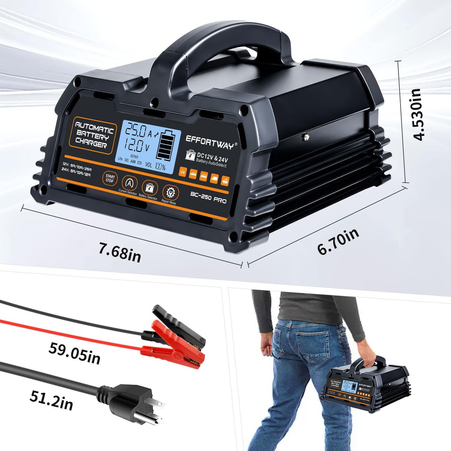 EffortWay 25A charger ideal for trucks and motorcycles.
