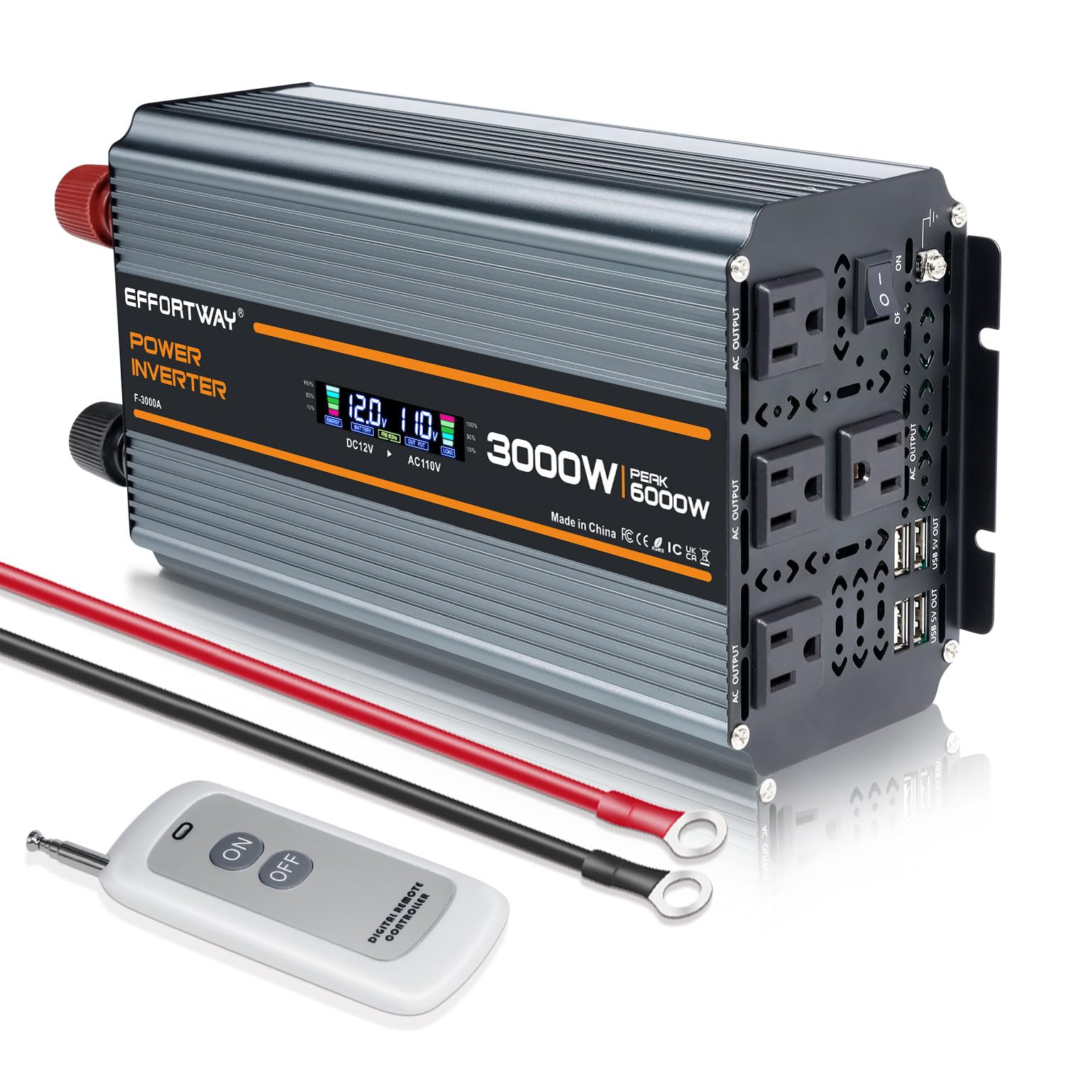 EFFORTWAY 3000W inverter front view powering RV essentials with stable 110V output.