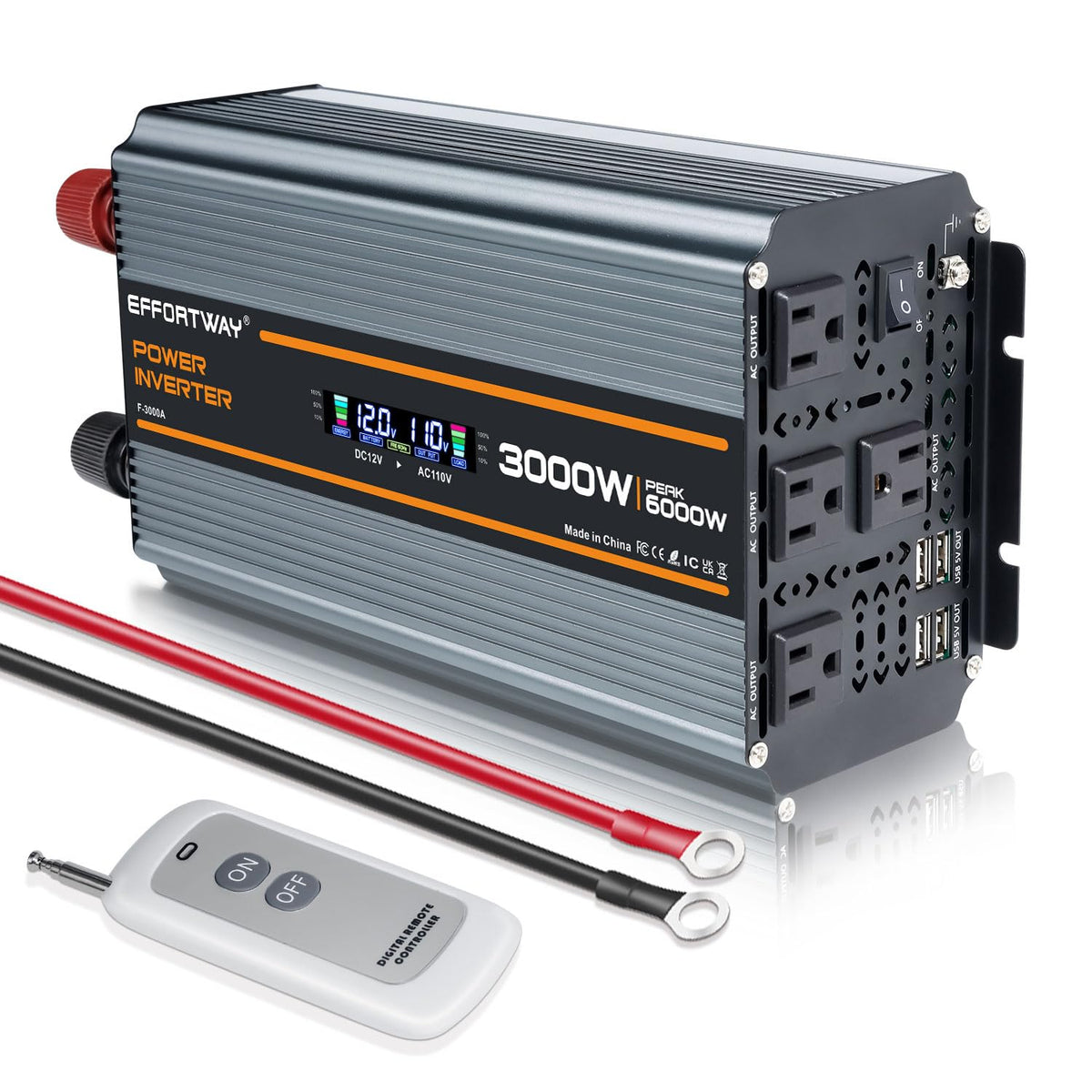 EFFORTWAY 3000W inverter front view powering RV essentials with stable 110V output.