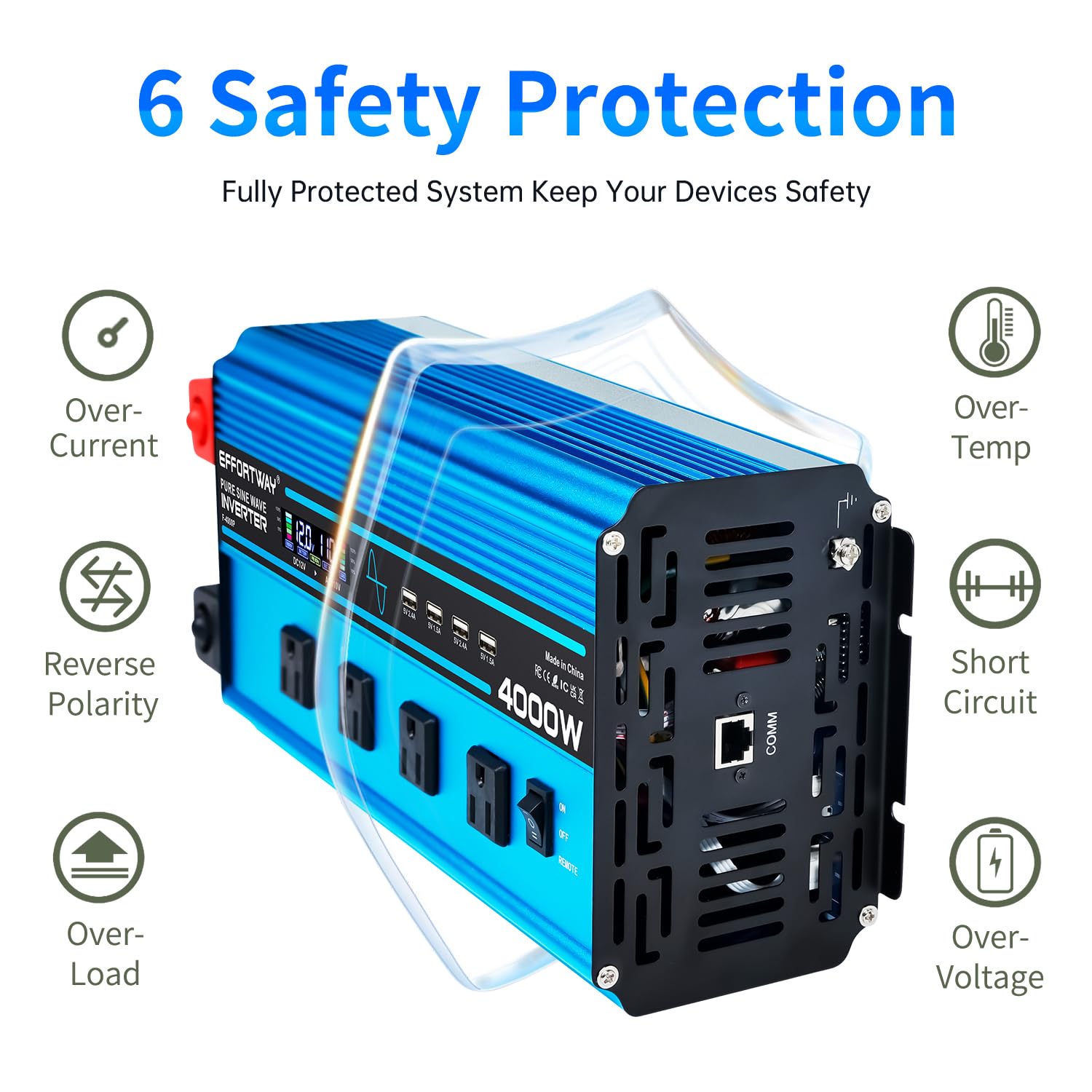 EFFORTWAY four USB ports support charging phones and accessories.