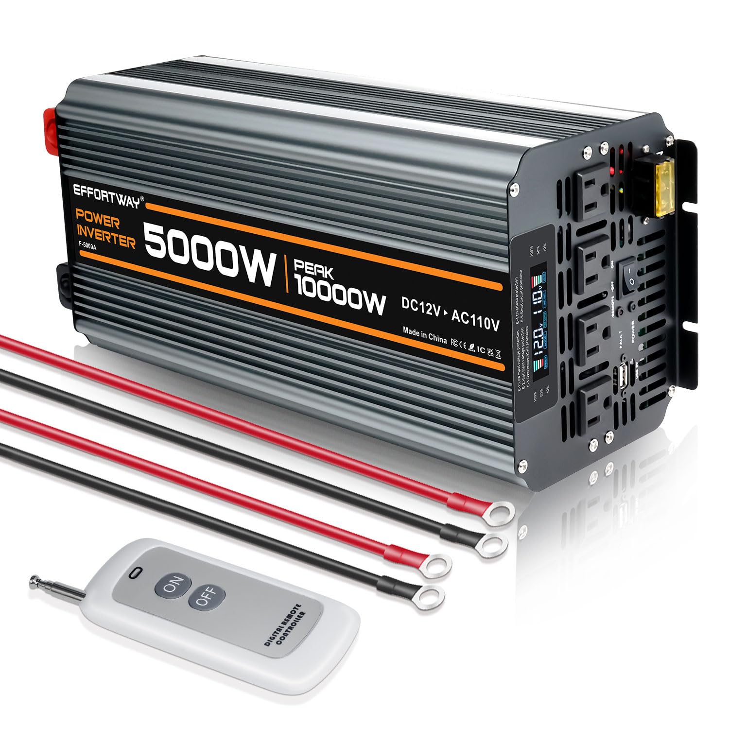 EFFORTWAY 5000W inverter with LCD display shows status for easy monitoring