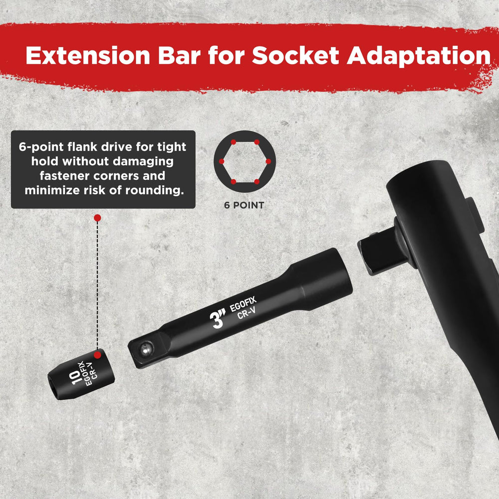 EGOFIX extensions and universal joint enabling access to confined areas