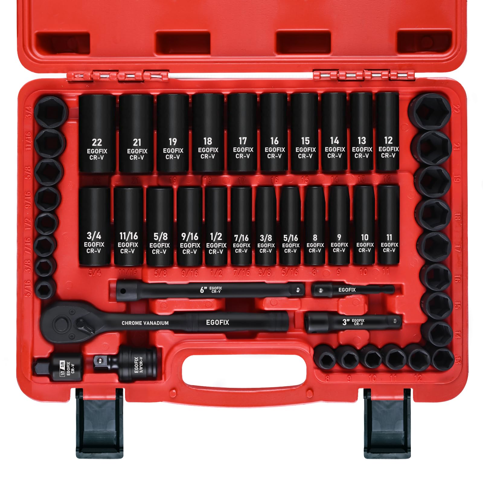 EGOFIX front view of case and organized socket set for easy transport