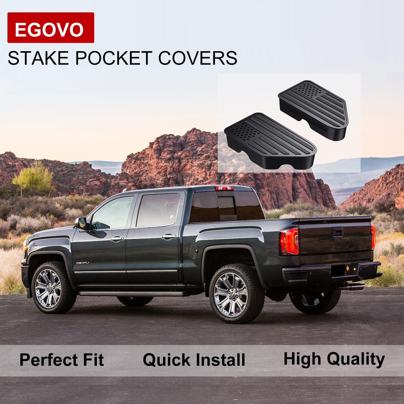 EGOVO stake pocket covers for Chevy Silverado 1500 shield pockets from debris and moisture.