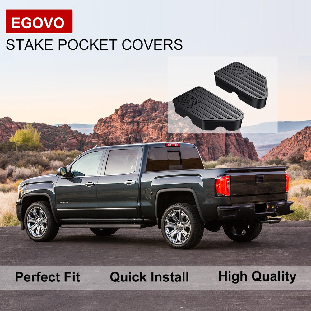 EGOVO stake pocket covers for Chevy Silverado 1500 shield pockets from debris and moisture.