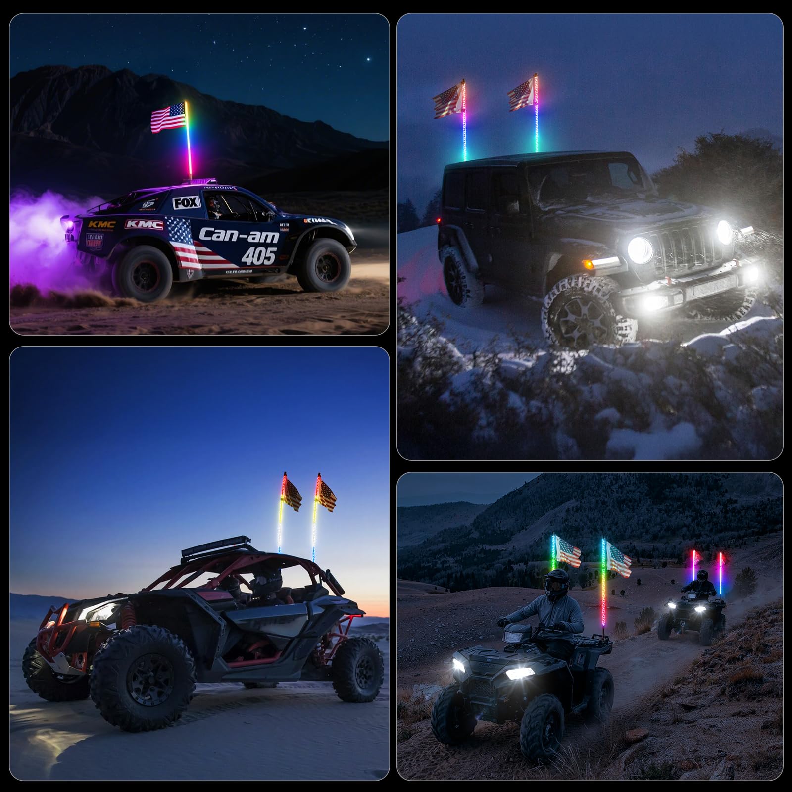 Ehaho 12V DC whip lights designed for safe battery conservation on long rides