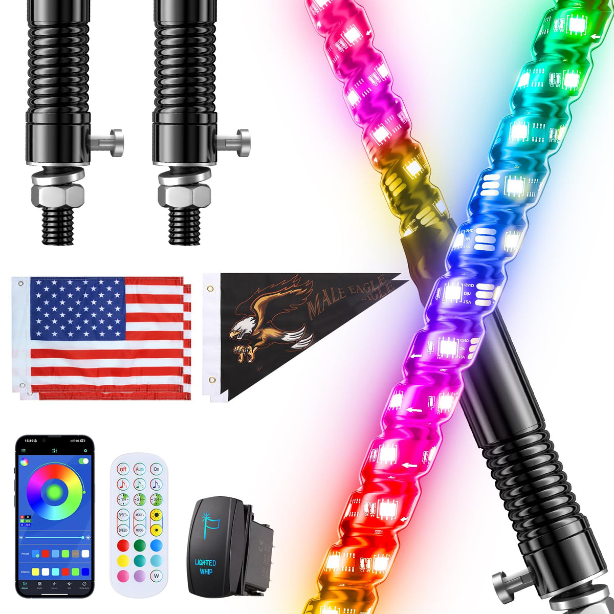 Ehaho 2FT spiral RGB whip light with 360-degree glow for off-road trails.