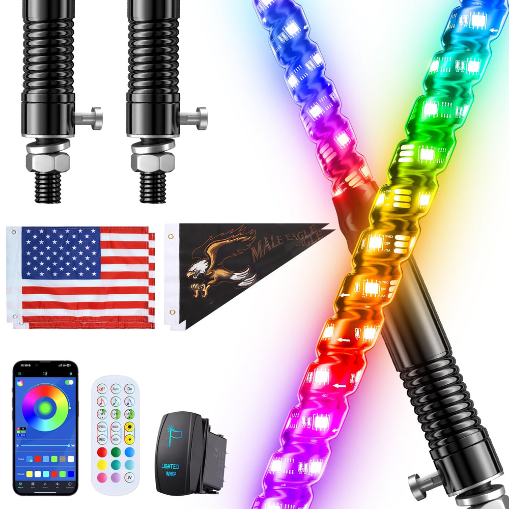 Ehaho 4ft spiral RGB whip lights illuminate off-road trails with vibrant, uniform lighting.