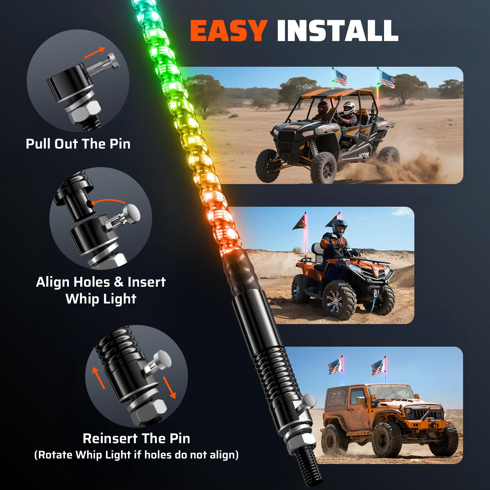 Ehaho brake, turn, and reverse signals integrated into whip light system.