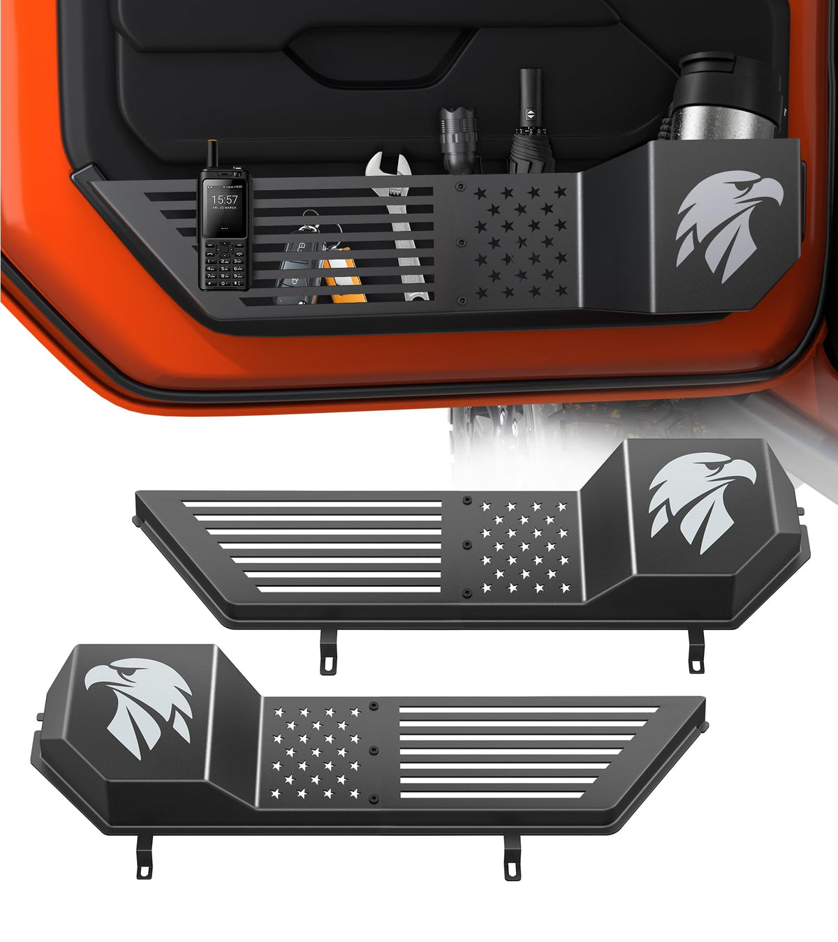 Ehaho Eagle-Flag Design Front Door Pocket on Jeep enhances rugged storage on trails.