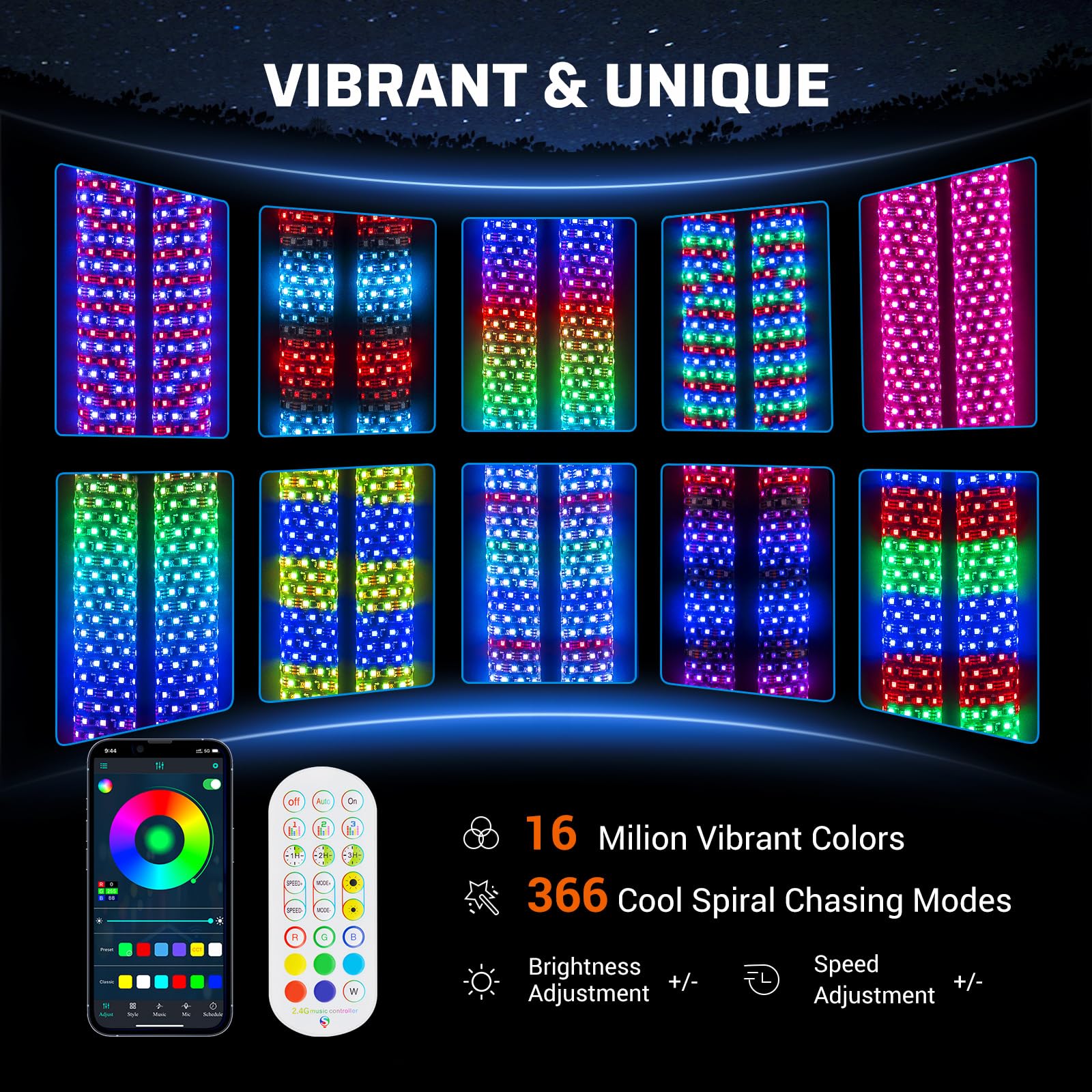 Ehaho app control lets you customize colors and patterns for off-road nights.