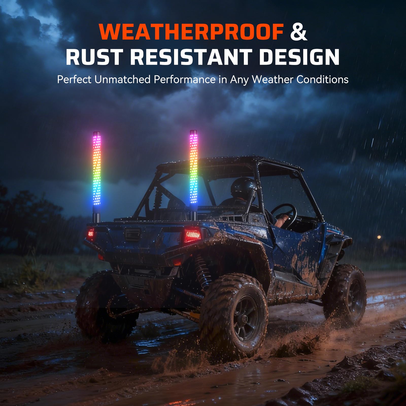 Ehaho IP67 rating protects the whip in mud, rain, and dust.