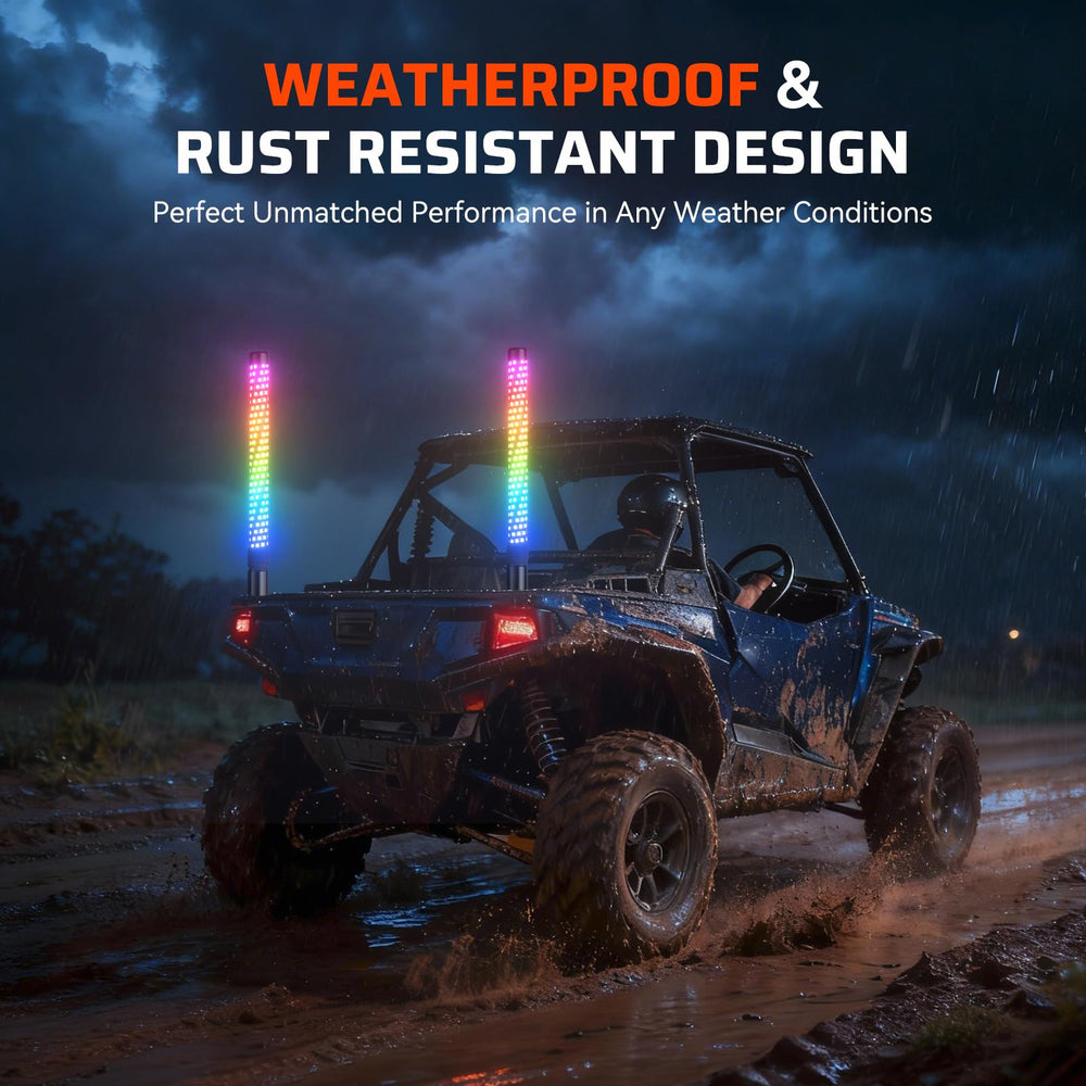 Ehaho IP67 rating protects the whip in mud, rain, and dust.