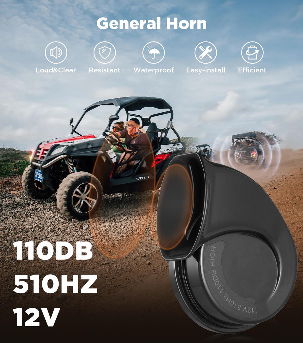 Ehaho 110dB horn close-up for clear audible alerts on rough terrain.