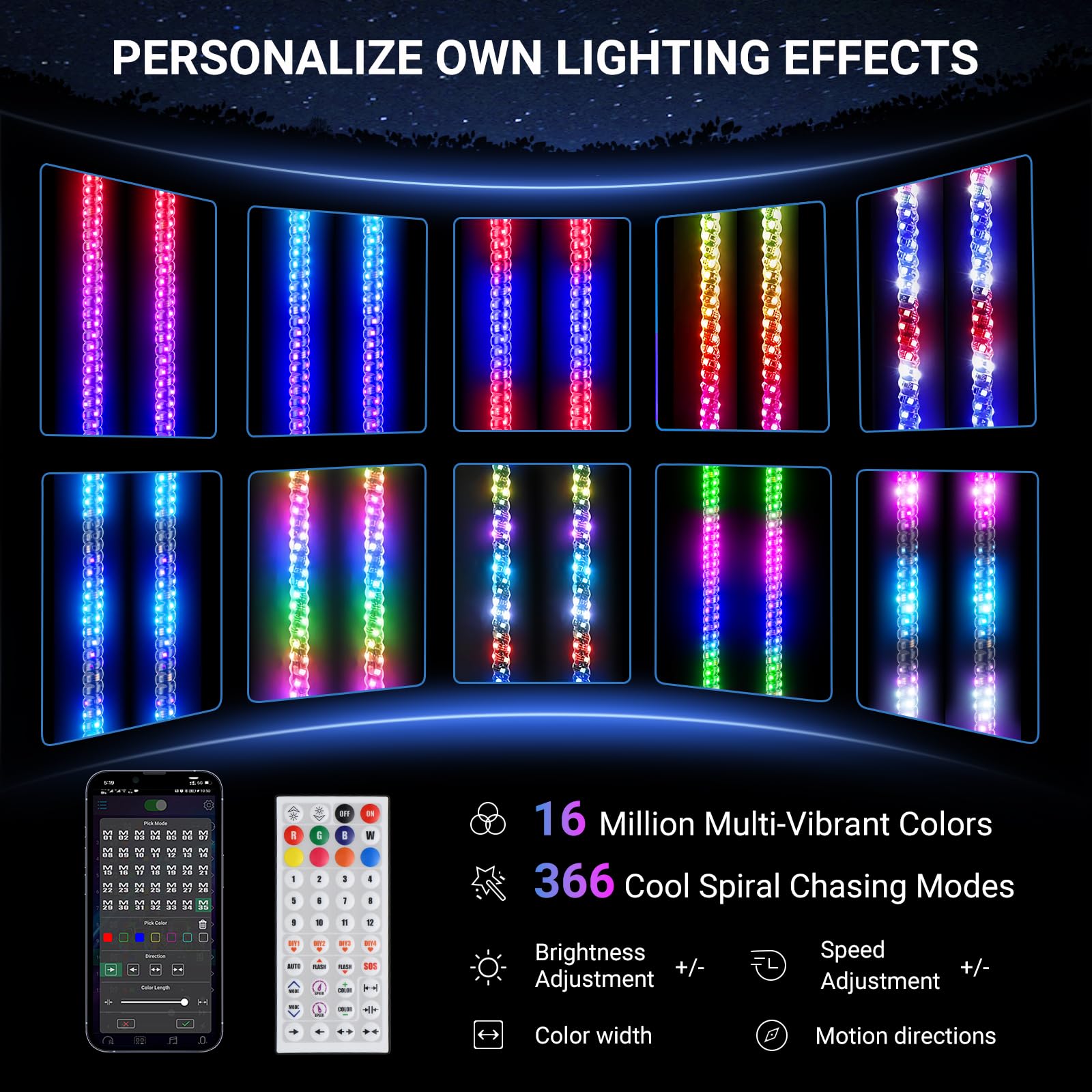 Ehaho LED whip lights with bright colors for daytime visibility and night rides