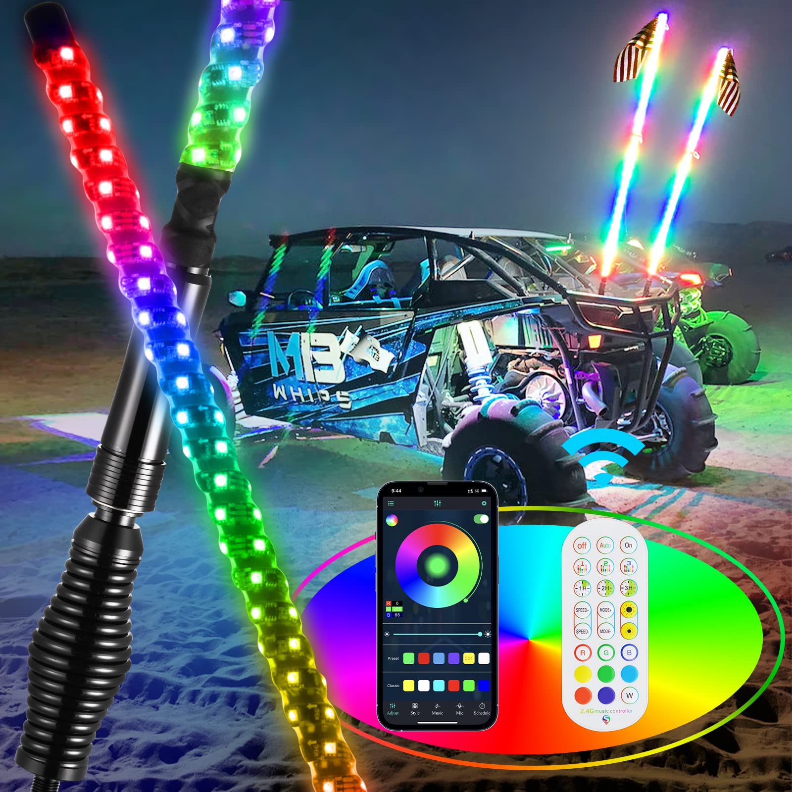 Ehaho versatile RGBW whip lights for UTV ATV