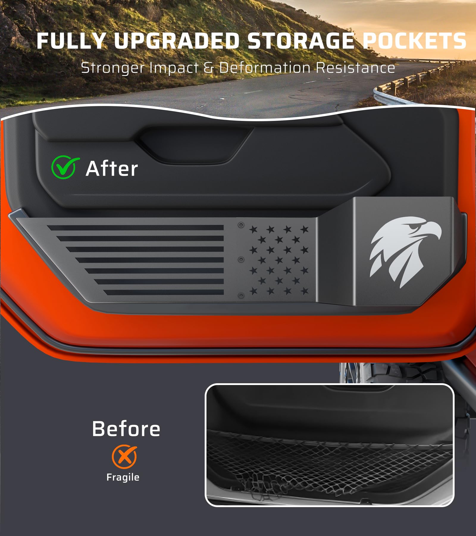 Ehaho Perfect-Fit Front Door Pocket ensures Wrangler JL/JLU compatibility with a clean look.