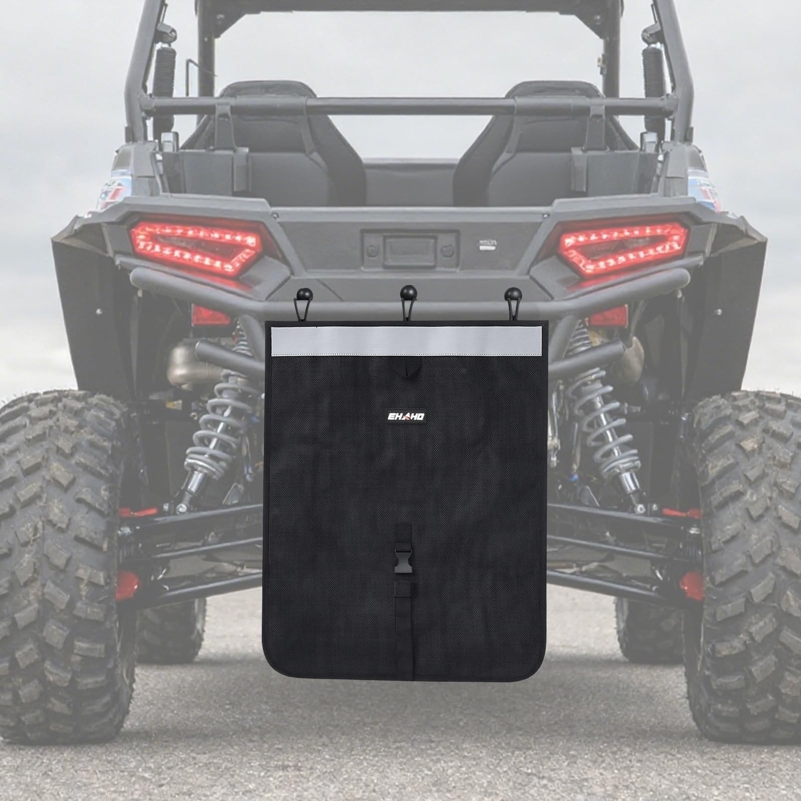 Ehaho UTV Mesh Trash Bag with reflective strip for night safety on off-road trips.