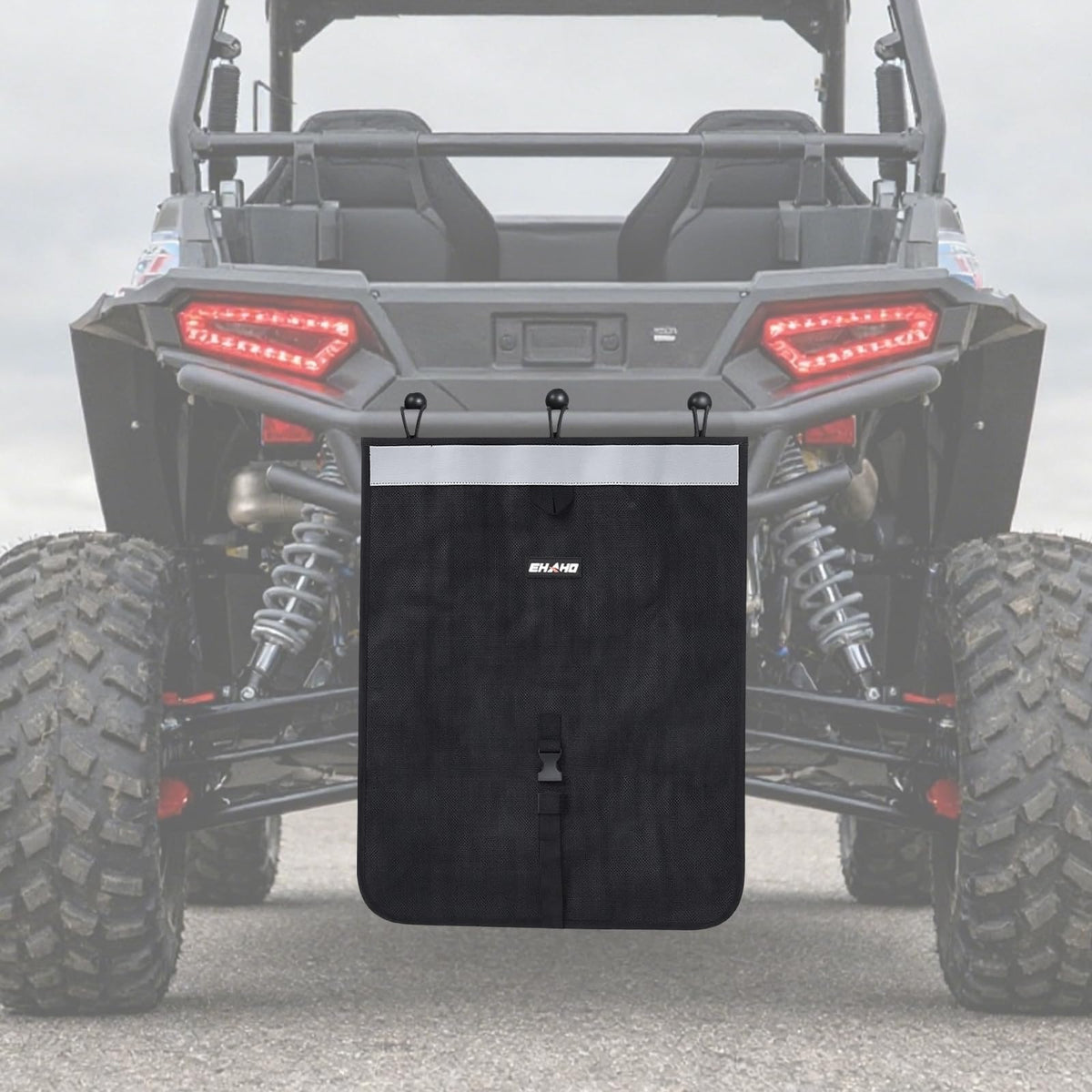 Ehaho UTV Mesh Trash Bag with reflective strip for night safety on off-road trips.