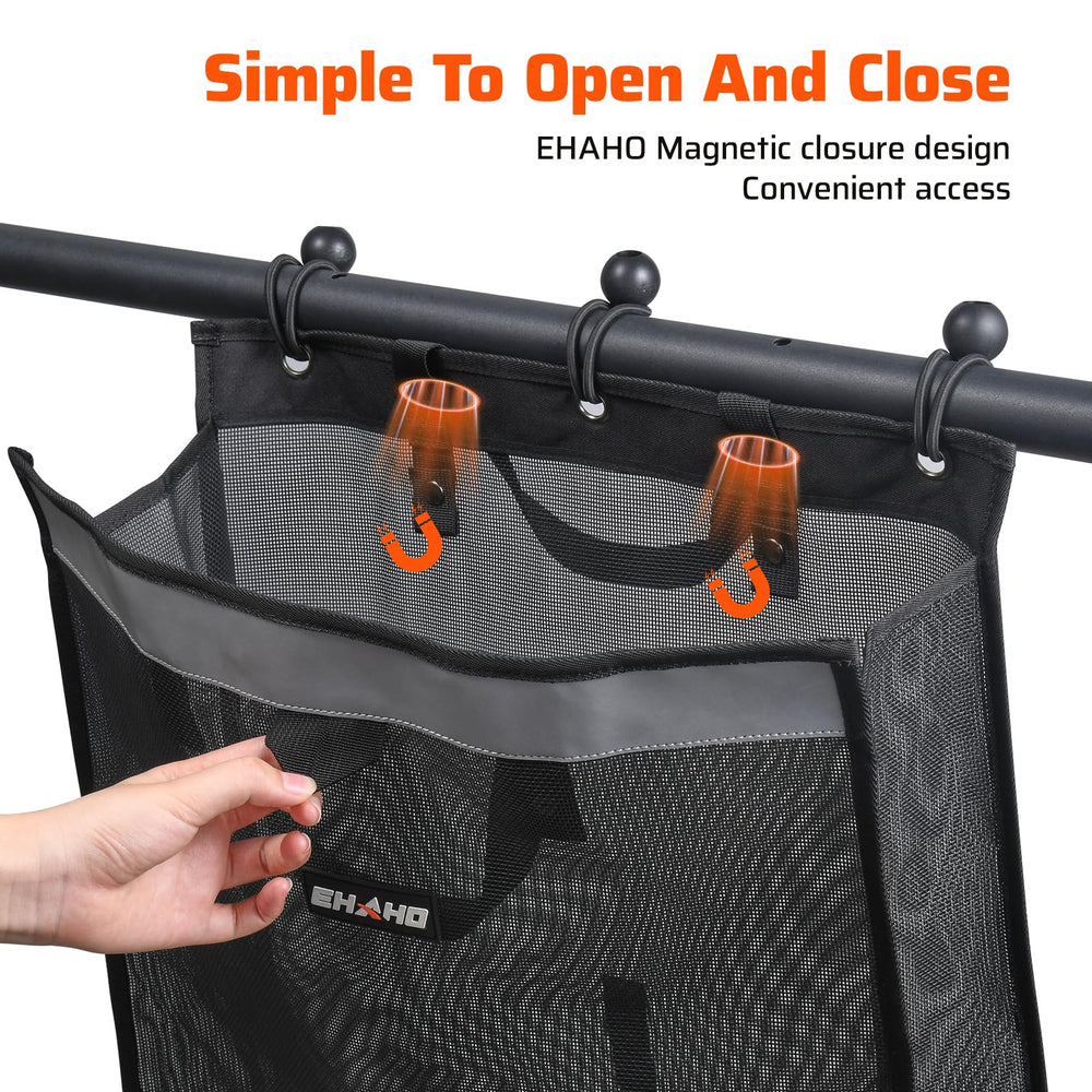 Ehaho UTV Mesh Trash Bag featuring two extra carabiners for versatile mounting.