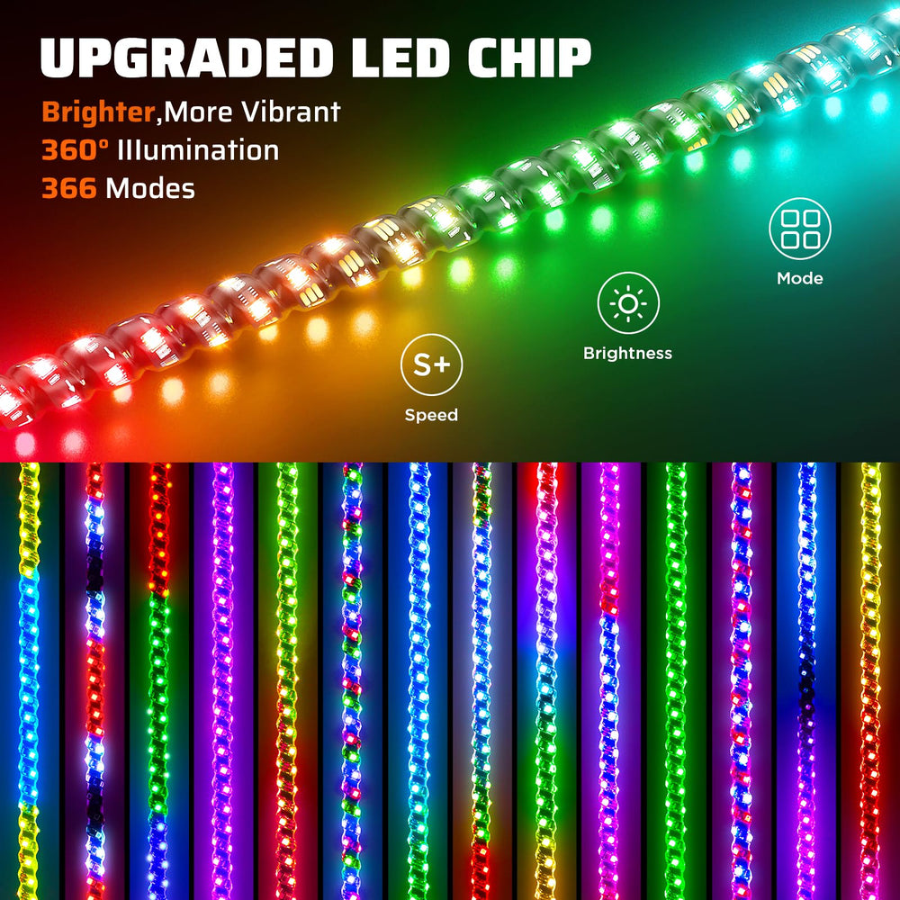 Ehaho UTV whip lights controlled by remote and app for easy customization.