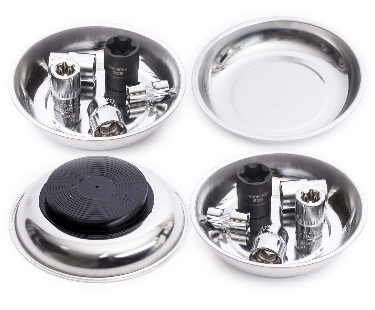EHOMEA2Z magnetic bowl holds screws and bolts securely on a cluttered workbench.