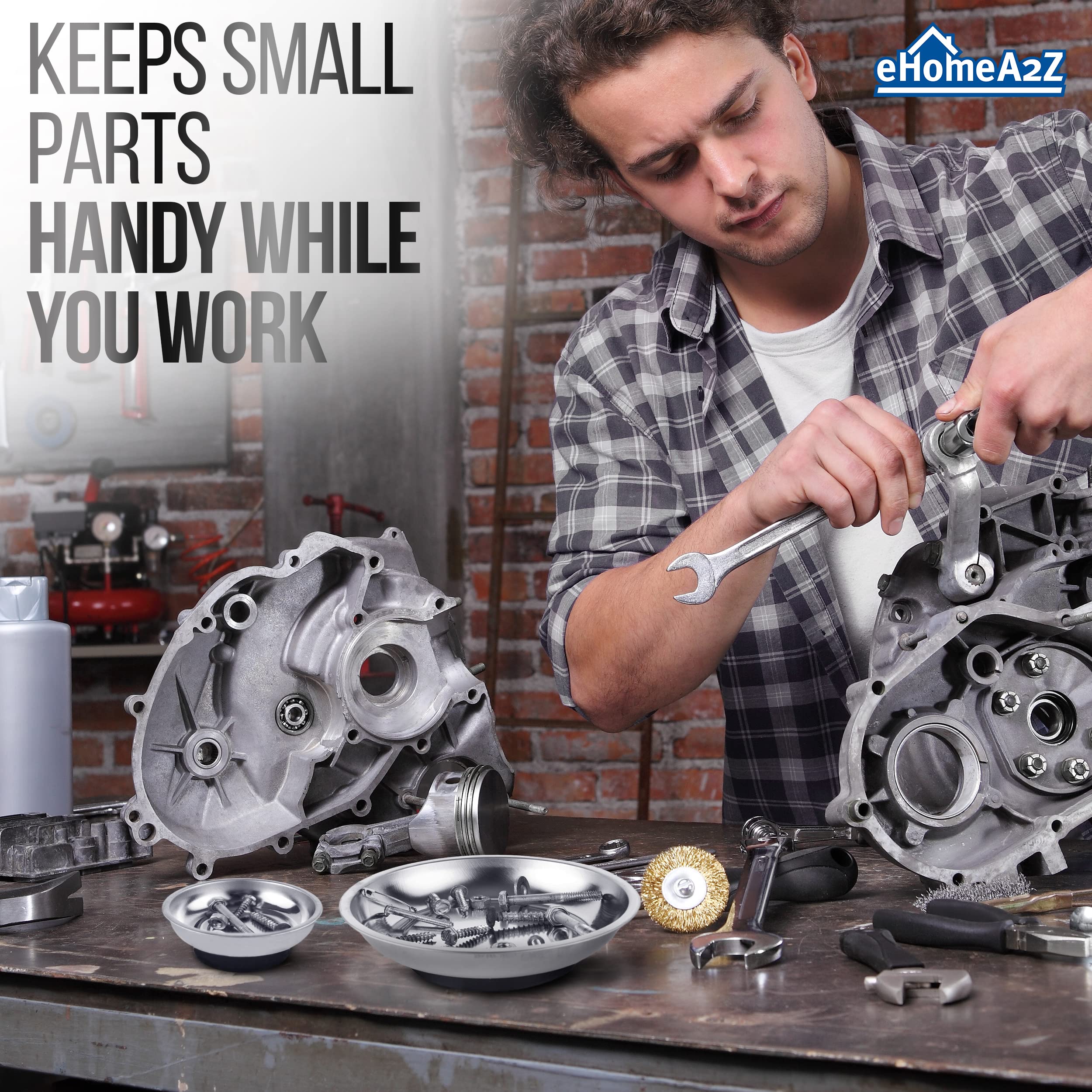 Round 4-inch magnetic bowl keeps nuts, bolts, and screws within reach.