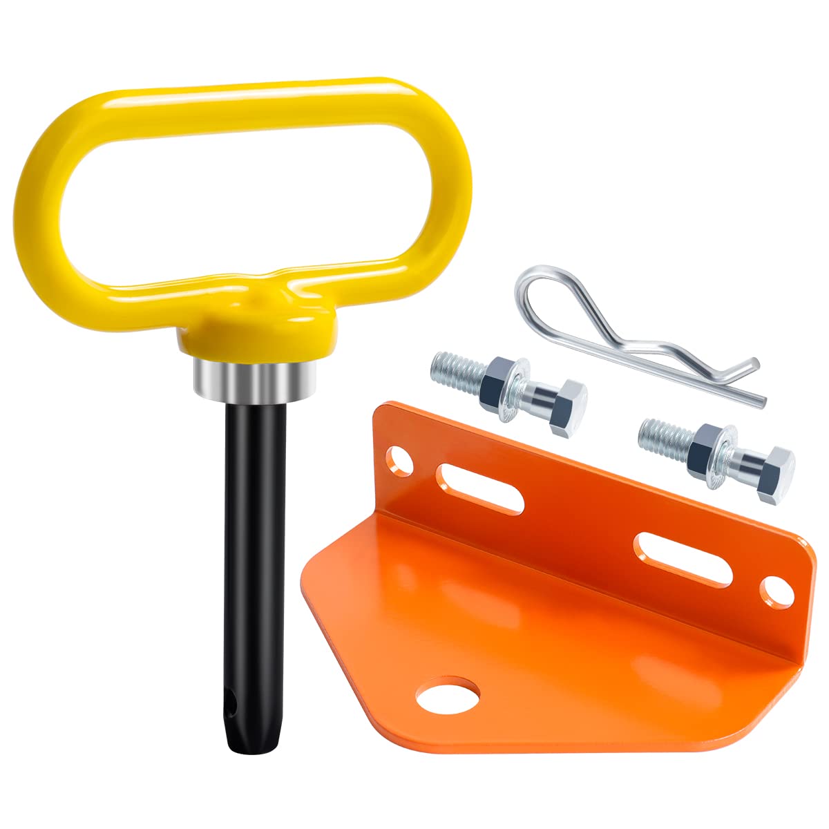 EilxMag universal mower hitch with magnetic pin securing a trailer.