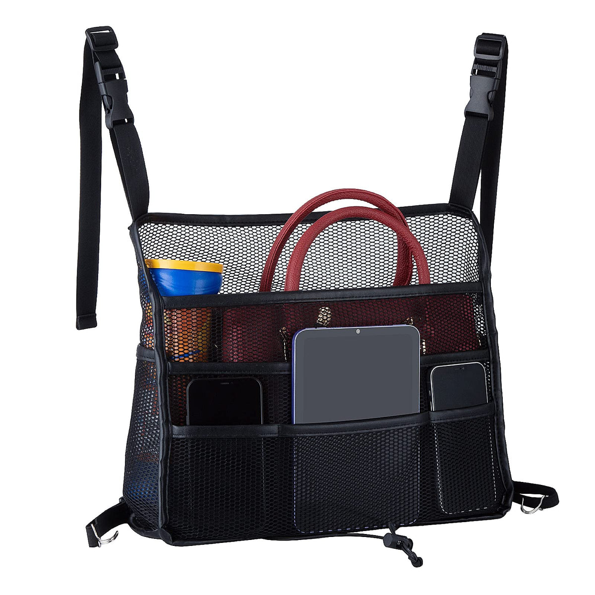 Eing car seat back organizer front-pocket view keeps purses within reach.