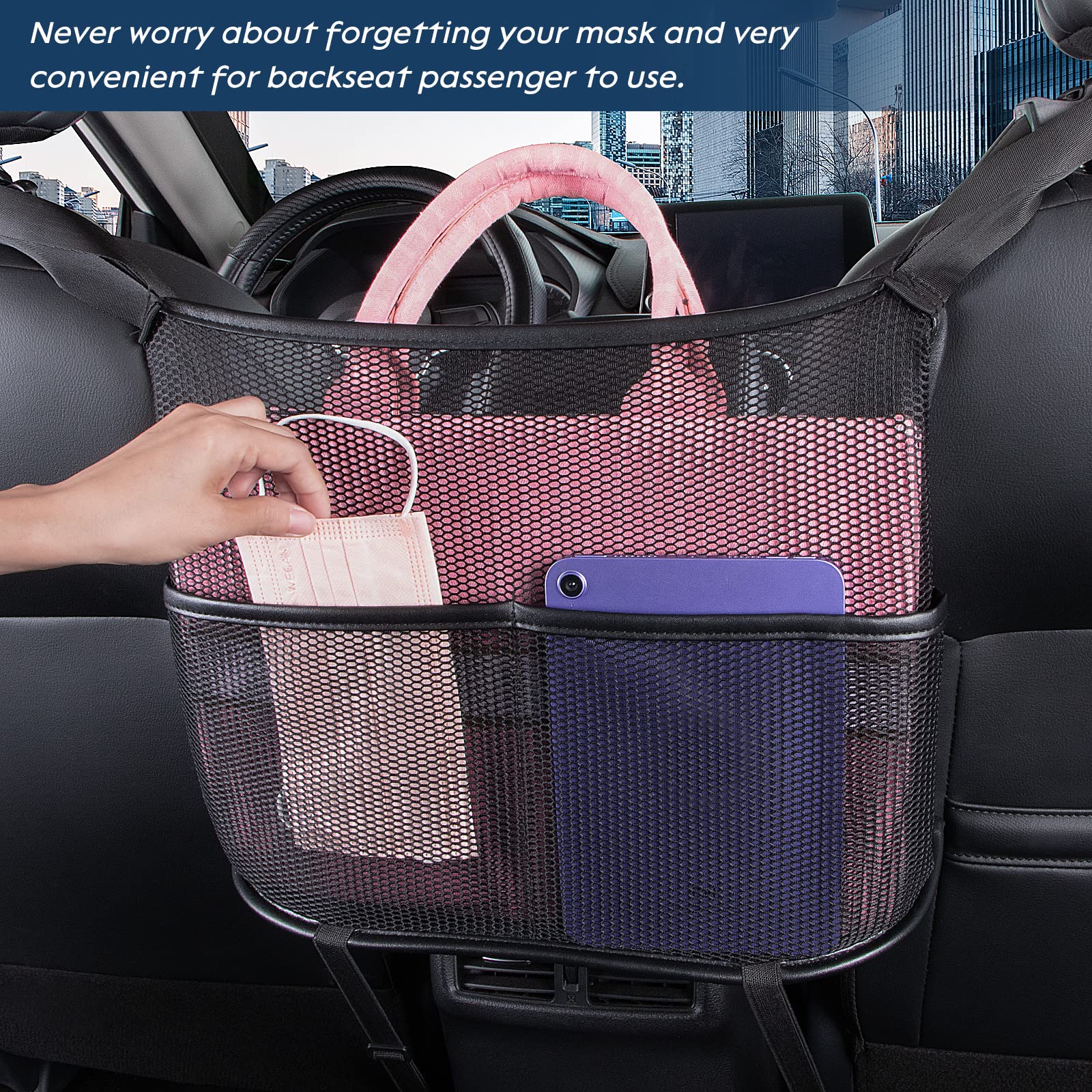 Eing car seat back organizer umbrella-pocket handy during rainy trips.