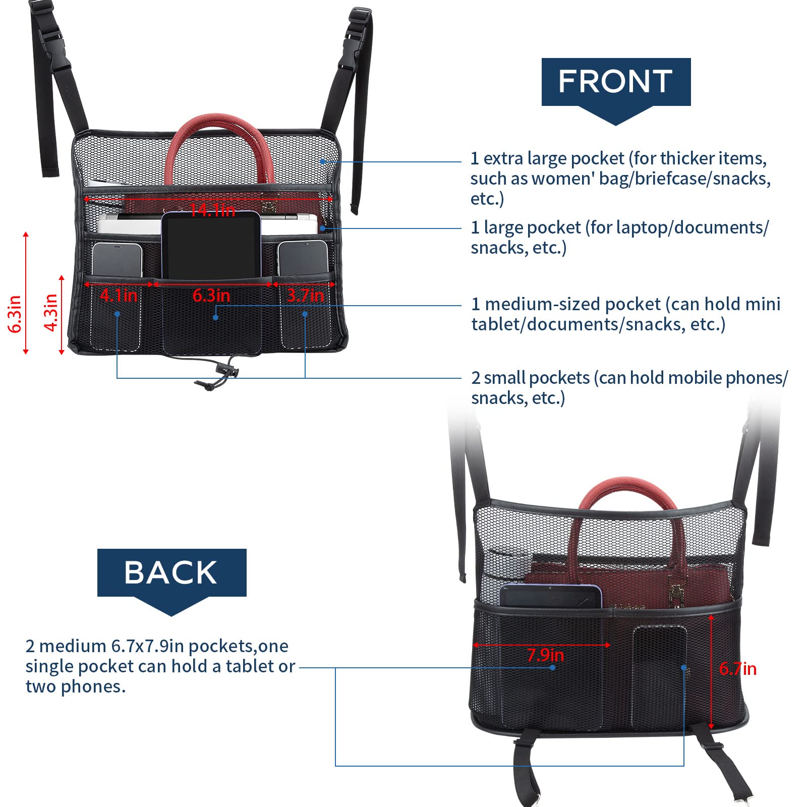 Eing car seat back organizer universal-fit back-seat shows broad compatibility.