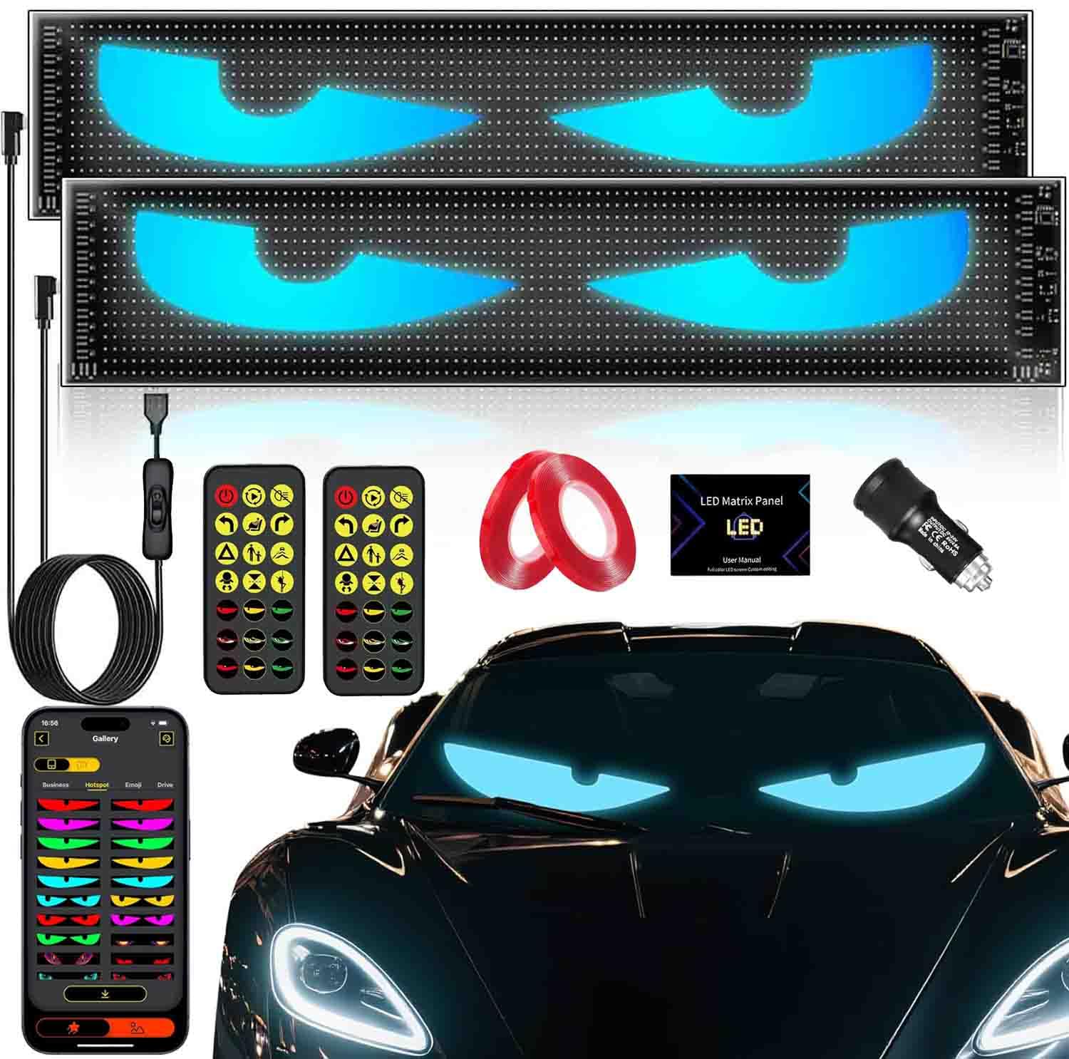 EJ's SUPER CAR Devil Eyes windshield panel glowing for bold night driving
