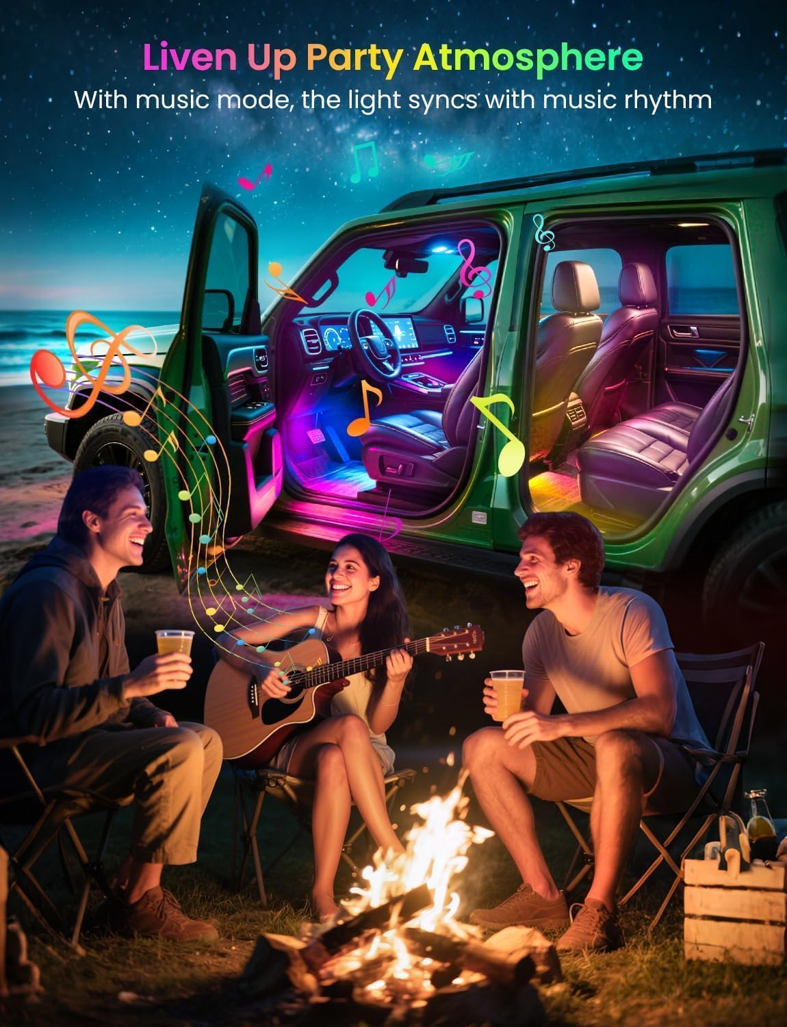EJ's SUPER CAR lights in a Jeep interior with vivid color options.