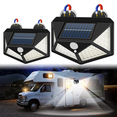 EJYTRVT 100-LED magnetic solar RV light casting exterior illumination on the camper