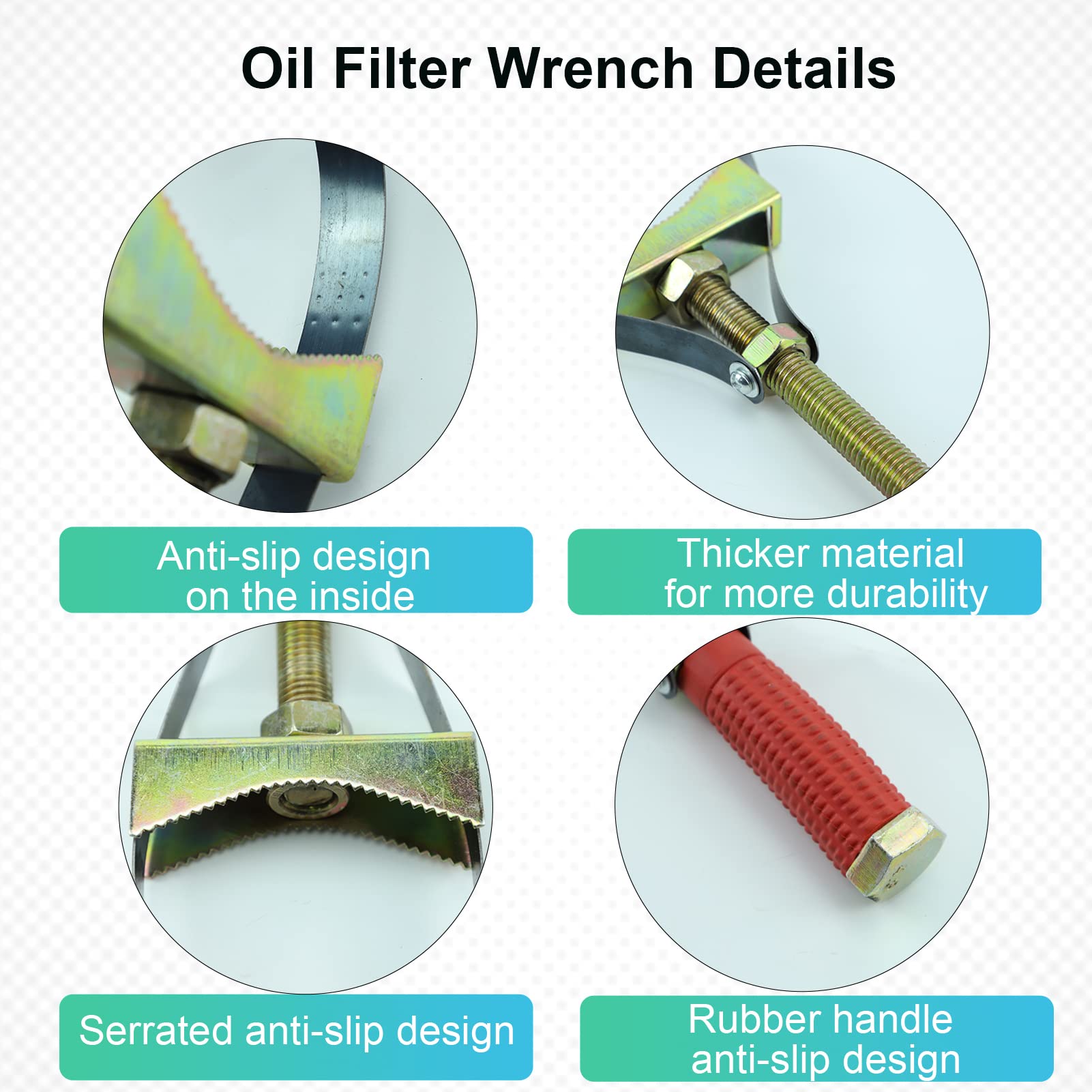 EJYTRVT oil filter wrench steel body with toothed base grips stubborn filters.