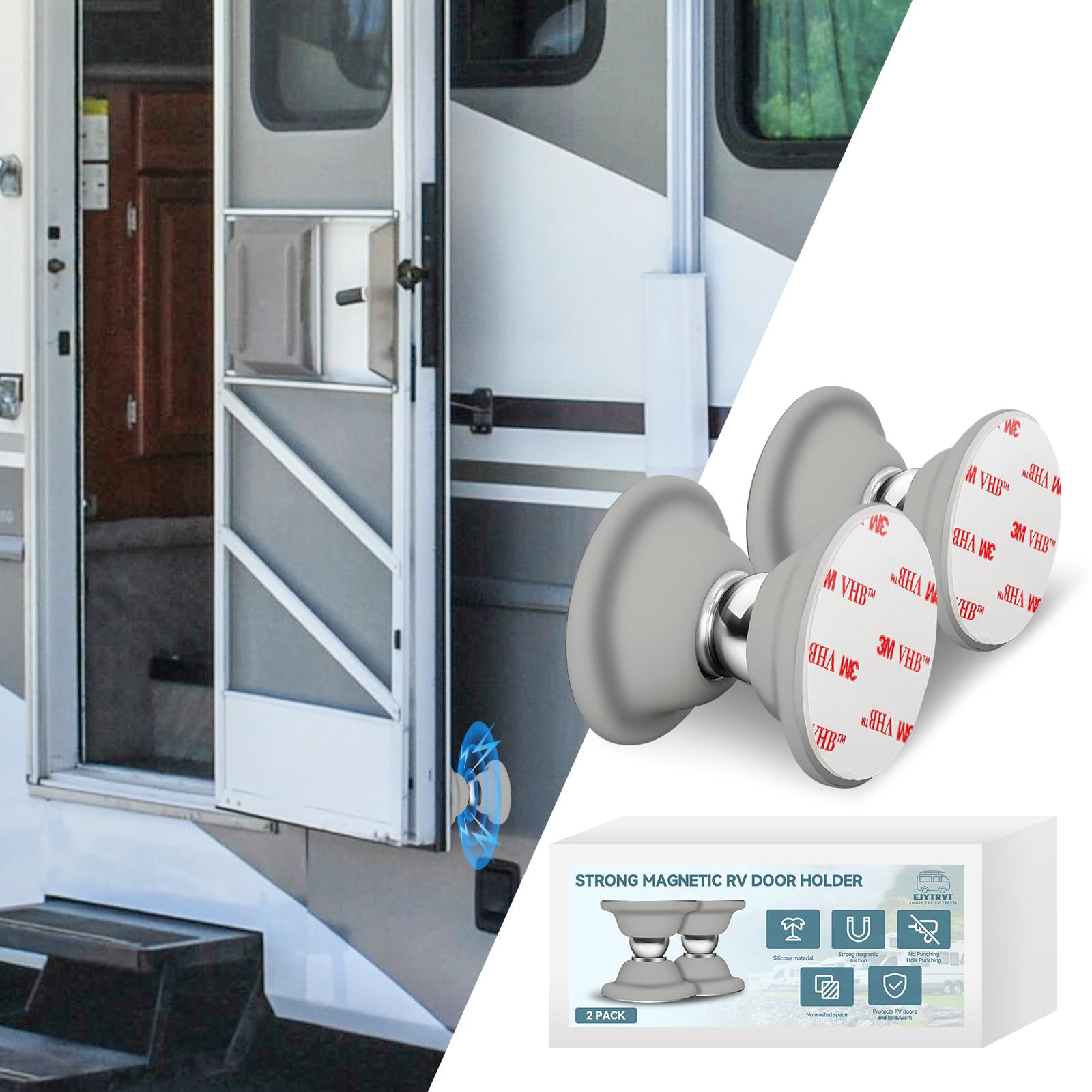 EJYTRVT RV door holder on outside door with a strong magnet for easy opening.